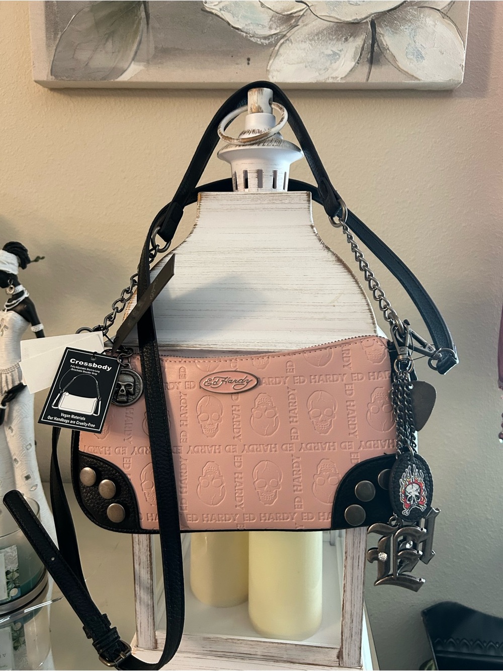 Ed Hardy Pink and Black Embossed Crossbody Shoulder Bag